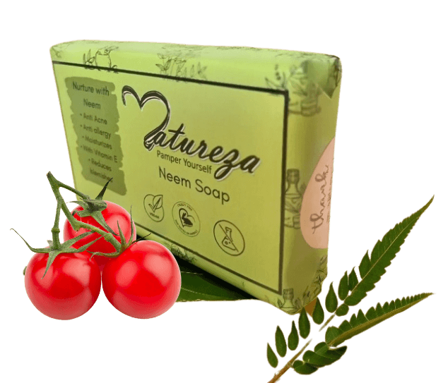 Natureza neem soap is with tomatoes and freshly neem leaves.